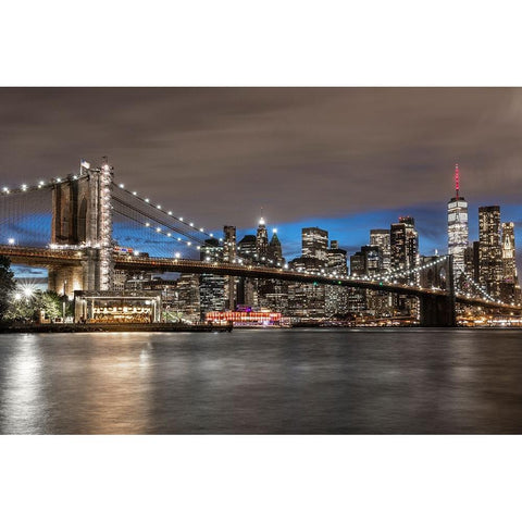 USA-New York The Brooklyn Bridge and New York City skyline Gold Ornate Wood Framed Art Print with Double Matting by Looney, Hollice