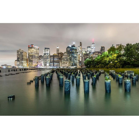 USA-New York Downtown view from Pier 1-wooden pilings in front of river in Brooklyn Heights Black Modern Wood Framed Art Print by Looney, Hollice