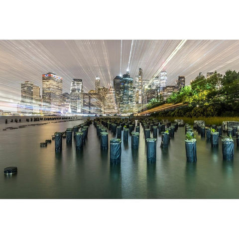 USA-New York Downtown view from Pier 1-wooden pilings in front of river in Brooklyn Heights White Modern Wood Framed Art Print by Looney, Hollice
