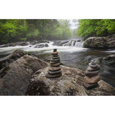 Cascading mountain stream and rock cairns-Great Smoky Mountains National Park Black Modern Wood Framed Art Print by Jones, Adam