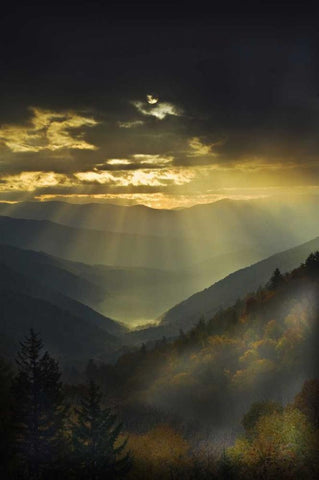 NC, Great Smoky Mts God Rays over mountains White Modern Wood Framed Art Print with Double Matting by Rotenberg, Nancy