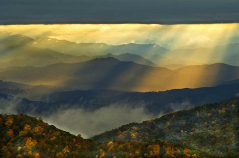 NC, Great Smoky Mts God Rays over mountains White Modern Wood Framed Art Print with Double Matting by Rotenberg, Nancy