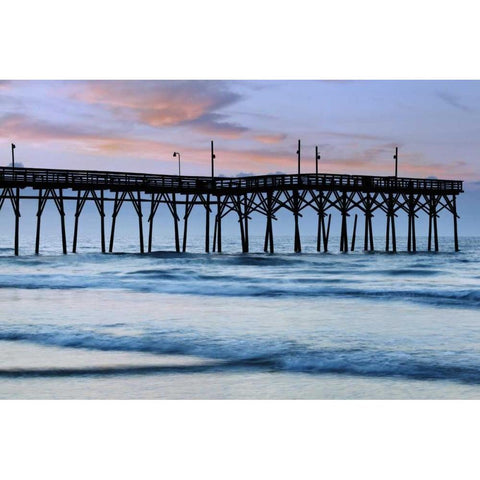 USA, North Carolina Sunrise at Sunset Beach pier Black Modern Wood Framed Art Print by Flaherty, Dennis