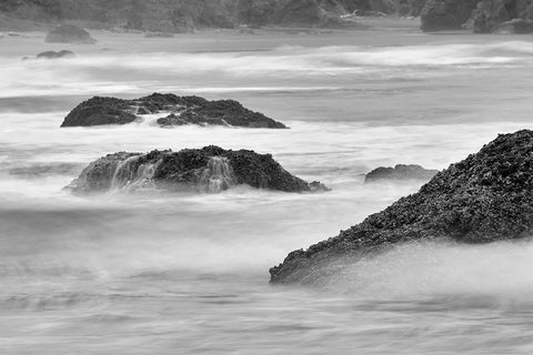 Waves crashing on rocks-Bandon Beach-Oregon White Modern Wood Framed Art Print with Double Matting by Jones, Adam