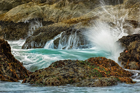 Surf crashing on rocks-Bandon Beach-Oregon White Modern Wood Framed Art Print with Double Matting by Jones, Adam
