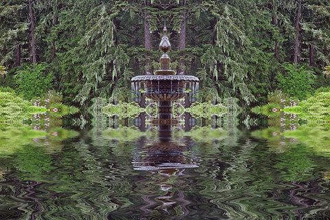 Fountain and in rhododendron garden-Shore Acres State Park-Coos Bay-Oregon White Modern Wood Framed Art Print with Double Matting by Jones, Adam