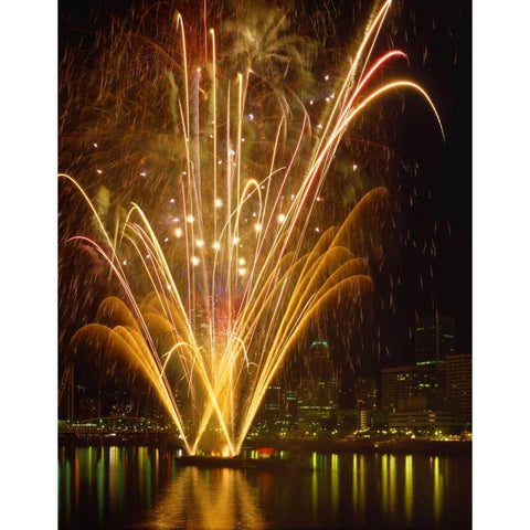 OR, Portland, Independence Day fireworks White Modern Wood Framed Art Print by Terrill, Steve
