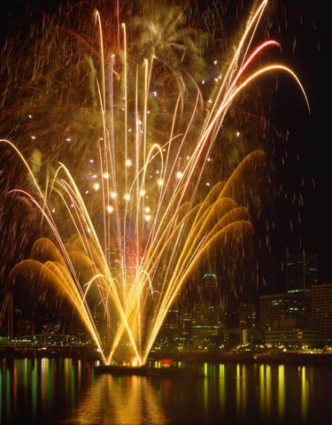 OR, Portland, Independence Day fireworks White Modern Wood Framed Art Print with Double Matting by Terrill, Steve