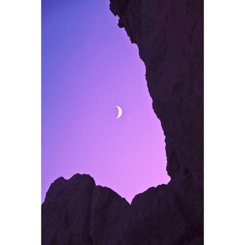OR, Crescent moon framed by sea stacks Black Modern Wood Framed Art Print by Rotenberg, Nancy
