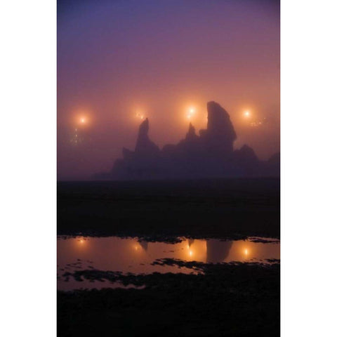 OR, Brandon City lights silhouette sea stacks Black Modern Wood Framed Art Print with Double Matting by Rotenberg, Nancy