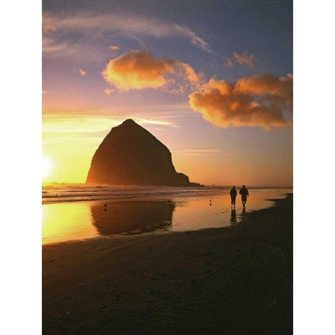 OR, Cannon Beach Couple by Haystack Rock, sunset Black Modern Wood Framed Art Print with Double Matting by Terrill, Steve