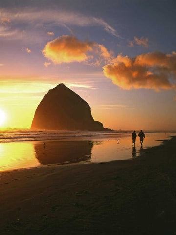 OR, Cannon Beach Couple by Haystack Rock, sunset Black Ornate Wood Framed Art Print with Double Matting by Terrill, Steve
