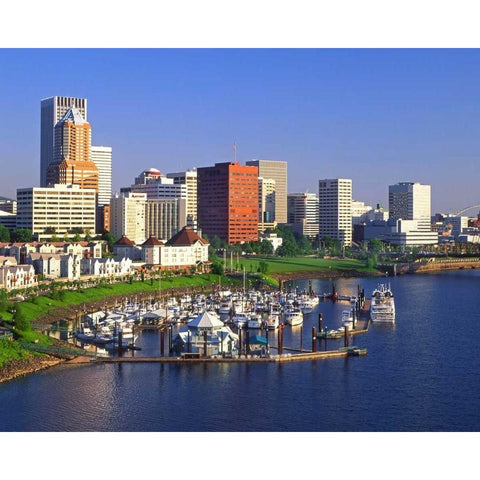 OR, Portland Downtown skyline and Marina Black Modern Wood Framed Art Print by Terrill, Steve