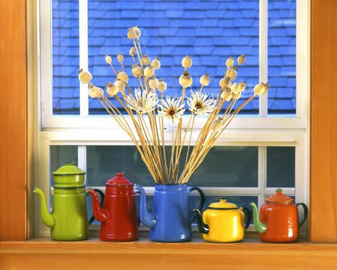 OR, Portland Enamelware teapots and coffeepots White Modern Wood Framed Art Print with Double Matting by Terrill, Steve