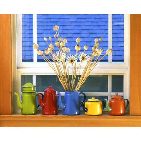 OR, Portland Enamelware teapots and coffeepots Black Modern Wood Framed Art Print with Double Matting by Terrill, Steve