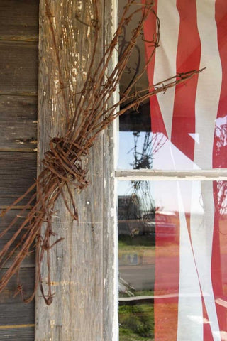 OR, Shaniko Flag in window next to barbed wire Black Ornate Wood Framed Art Print with Double Matting by Ross, Nancy ,  Steve