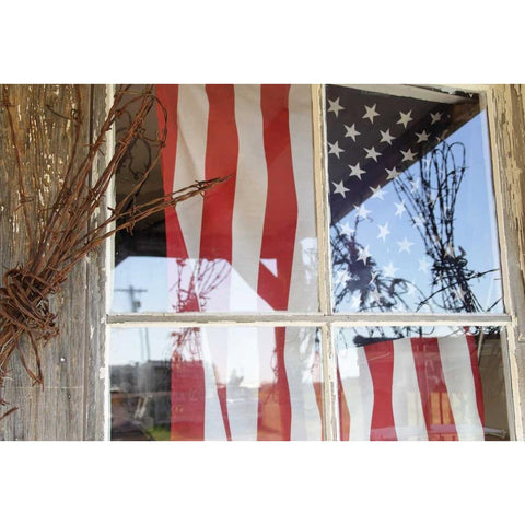 OR, Shaniko Flag in window next to barbed wire White Modern Wood Framed Art Print by Ross, Nancy ,  Steve
