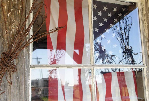 OR, Shaniko Flag in window next to barbed wire White Modern Wood Framed Art Print with Double Matting by Ross, Nancy ,  Steve