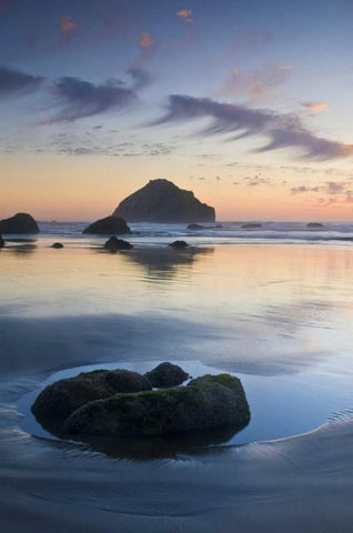 OR, Bandon Beach Face Rock at twilight Black Ornate Wood Framed Art Print with Double Matting by Rotenberg, Nancy