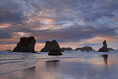 OR, Bandon Sunset over seastacks on ocean beach White Modern Wood Framed Art Print with Double Matting by Paulson, Don