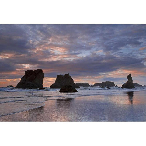 OR, Bandon Sunset over seastacks on ocean beach Black Modern Wood Framed Art Print by Paulson, Don
