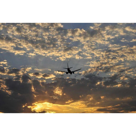 OR, Portland Airplane approaching landing Black Modern Wood Framed Art Print by Terrill, Steve