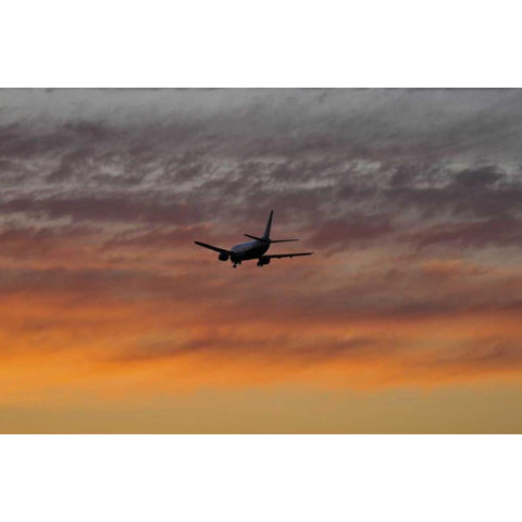 OR, Portland Airplane approaching landing Black Modern Wood Framed Art Print by Terrill, Steve