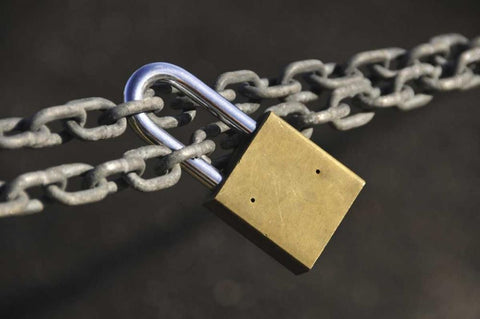 Oregon, Portland Close-up of padlock on chain White Modern Wood Framed Art Print with Double Matting by Terrill, Steve