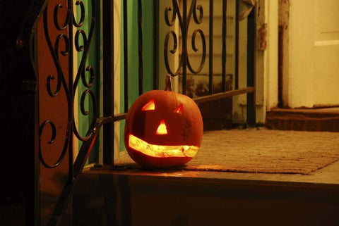 OR, Portland Lighted jack-o-lantern on porch White Modern Wood Framed Art Print with Double Matting by Terrill, Steve