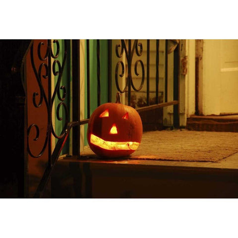 OR, Portland Lighted jack-o-lantern on porch White Modern Wood Framed Art Print by Terrill, Steve