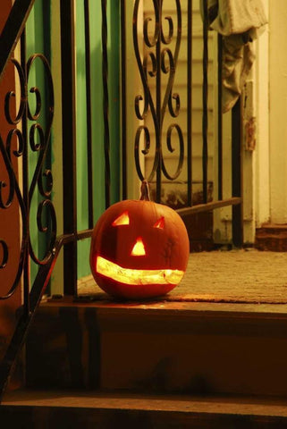 OR, Portland Lighted jack-o-lantern on porch Black Ornate Wood Framed Art Print with Double Matting by Terrill, Steve