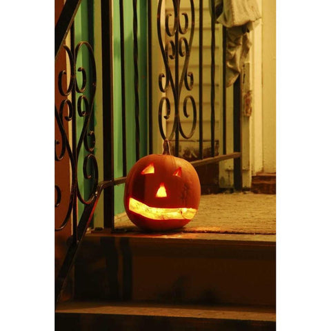 OR, Portland Lighted jack-o-lantern on porch Black Modern Wood Framed Art Print with Double Matting by Terrill, Steve