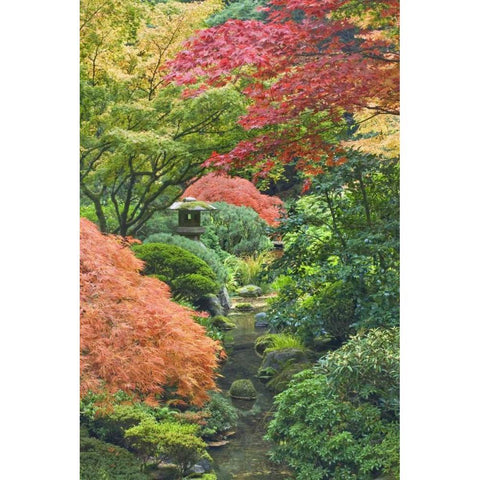 Oregon, Portland Stone tower and pond Black Modern Wood Framed Art Print with Double Matting by Paulson, Don