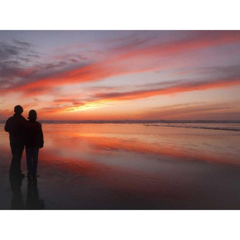 Oregon, Cannon Beach Couple on beach at sunset White Modern Wood Framed Art Print by Paulson, Don