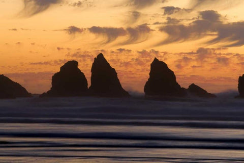 OR, Bandon Sunset silhouette of the sea stacks White Modern Wood Framed Art Print with Double Matting by Kaveney, Wendy