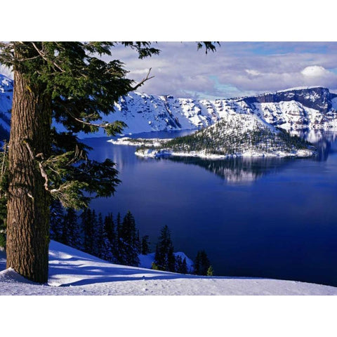 OR, Crater Lake NP View of snowy lake and island White Modern Wood Framed Art Print by Flaherty, Dennis