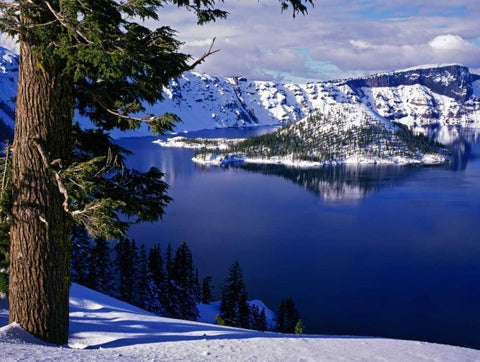 OR, Crater Lake NP View of snowy lake and island White Modern Wood Framed Art Print with Double Matting by Flaherty, Dennis