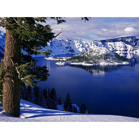 OR, Crater Lake NP View of snowy lake and island Black Modern Wood Framed Art Print by Flaherty, Dennis