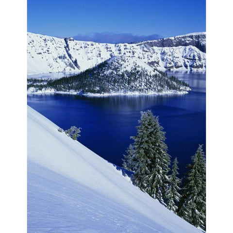 OR, Crater Lake NP Wizard Island in Crater Lake Black Modern Wood Framed Art Print with Double Matting by Flaherty, Dennis