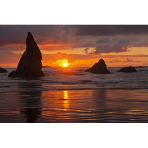 Oregon, Bandon Beach Sunset over seastacks Black Modern Wood Framed Art Print by Illg, Cathy and Gordon