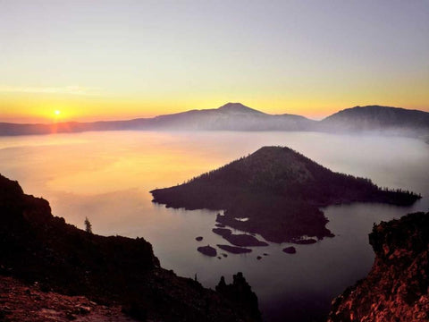 OR, Crater Lake NP Sunrise over Crater Lake White Modern Wood Framed Art Print with Double Matting by Terrill, Steve