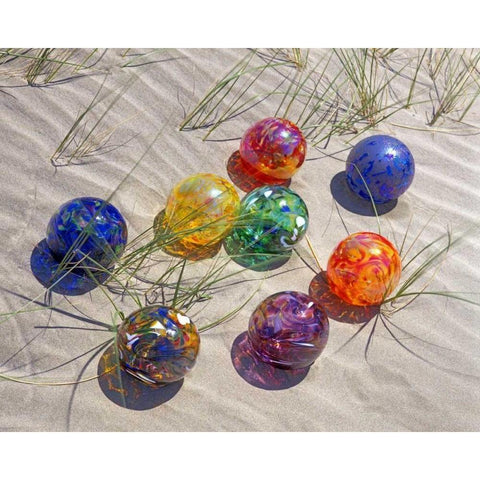 USA, Oregon Colorful glass floats on sand dune Black Modern Wood Framed Art Print by Terrill, Steve