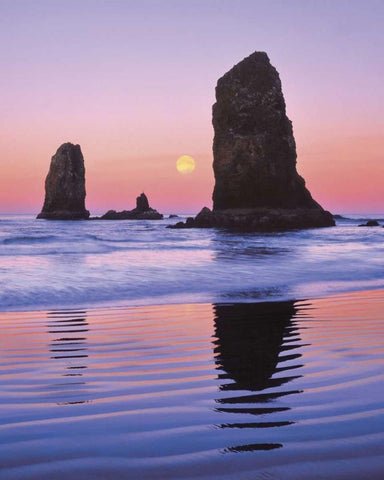 OR, Cannon Beach Moonset at The Needles monolith White Modern Wood Framed Art Print with Double Matting by Terrill, Steve