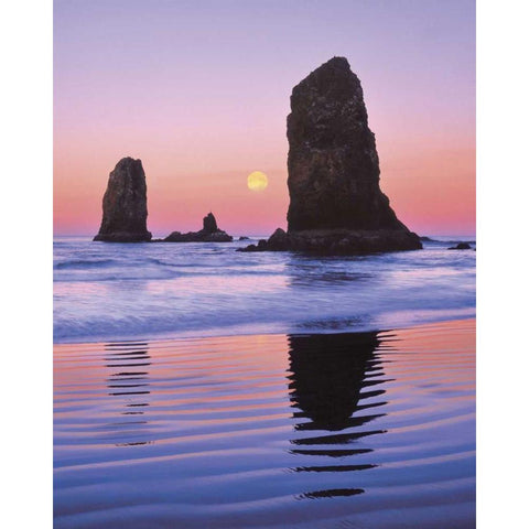 OR, Cannon Beach Moonset at The Needles monolith White Modern Wood Framed Art Print by Terrill, Steve
