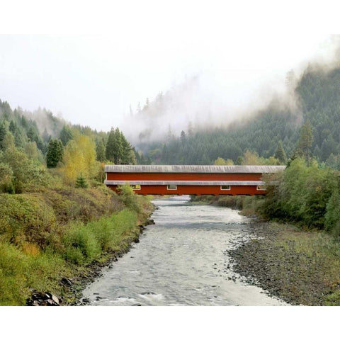 OR Office Covered Bridge over Willamette River Black Modern Wood Framed Art Print by Terrill, Steve