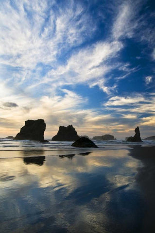 USA, Oregon, Bandon Beach Sea stacks at twilight White Modern Wood Framed Art Print with Double Matting by Rotenberg, Nancy