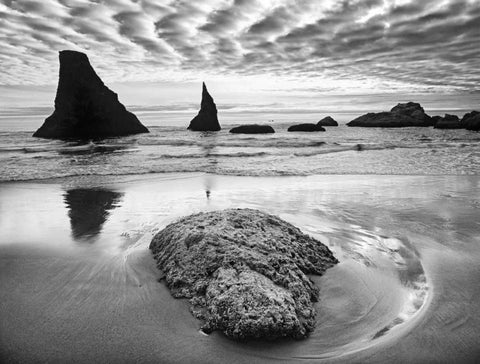 USA, Oregon, Bandon Beach Sunset on sea stacks White Modern Wood Framed Art Print with Double Matting by Flaherty, Dennis