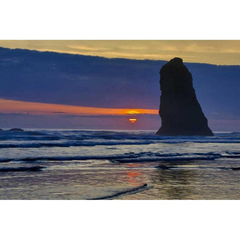 Oregon, Cannon Beach Sunset on lone seastack Black Modern Wood Framed Art Print by Carter, Jean