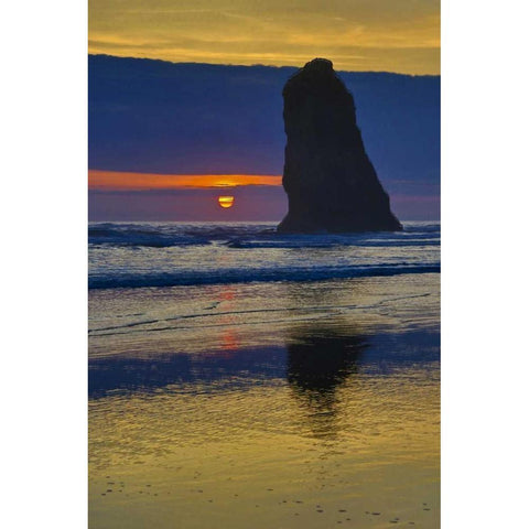 Oregon, Cannon Beach Sunset on lone seastack Black Modern Wood Framed Art Print with Double Matting by Carter, Jean