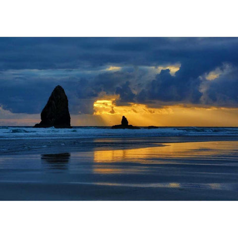 Oregon, Cannon Beach Sunset on Needles seastack Gold Ornate Wood Framed Art Print with Double Matting by Carter, Jean